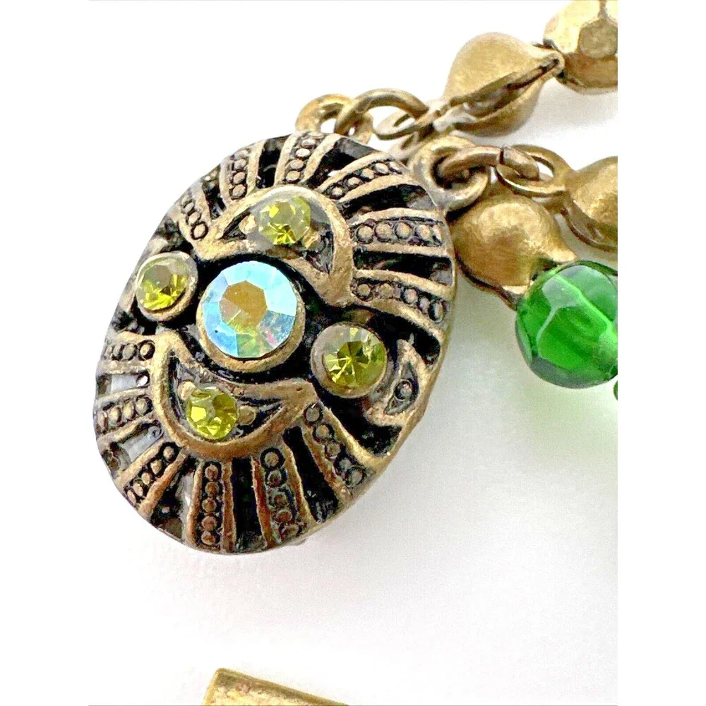 Vintage Green Gold Multi Strand Bead Necklace Boho Crystal Accents Box Clasp 16